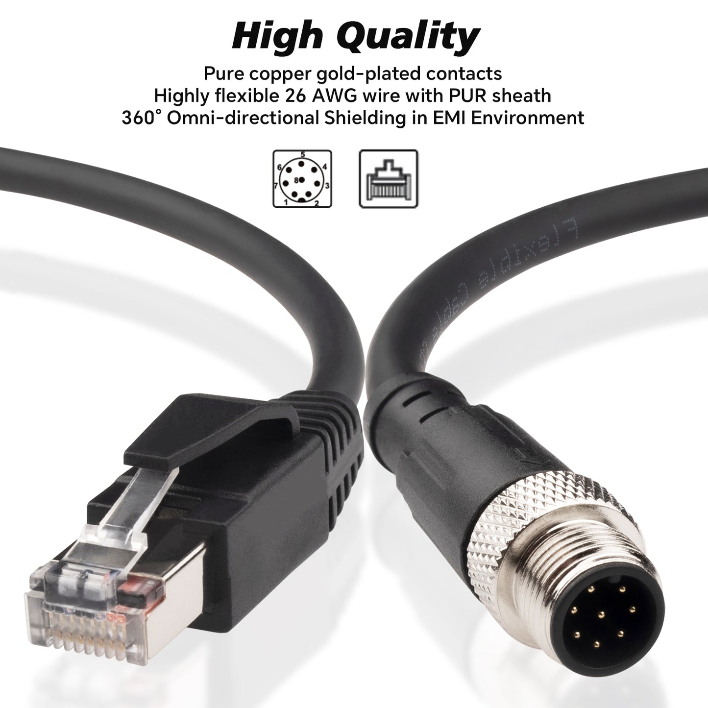 M12 A Coded 8 Pin to RJ45 Cable Cat5e Industrial Ethernet Shielded Cable M12 to RJ45 Sensor Actuator Cable for Cognex and Automation Application SFTP 26AWG 2M