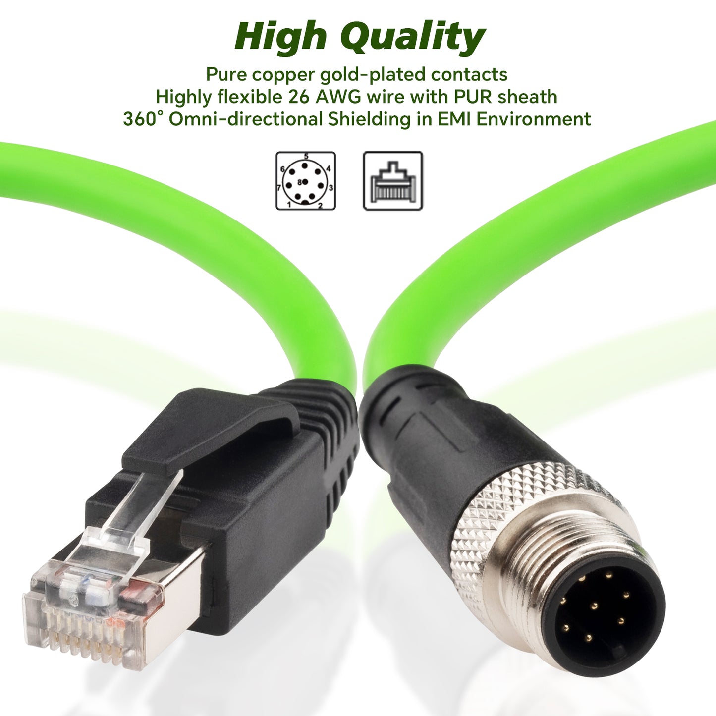 M12 to RJ45 Industrial Ethernet Cable Cat5e,Automation Systems Interconnect M12 8 Pin A Code Male to RJ45 Male Shielded Cable Assembly, Cat5e SFTP 26 AWG 2M/6.6Ft