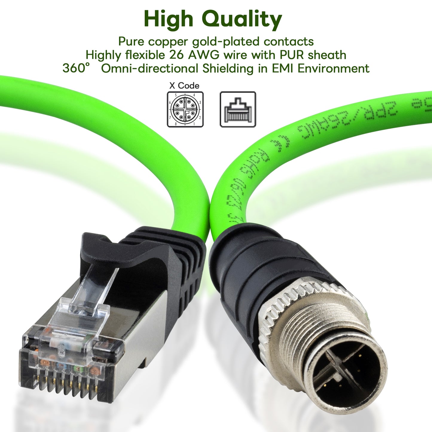 M12 X-Coded 8 Pin to RJ45 Cable Cat6A Industrial Ethernet Shielded Cable 26AWG 50M for Cognex and Automation Application SFTP