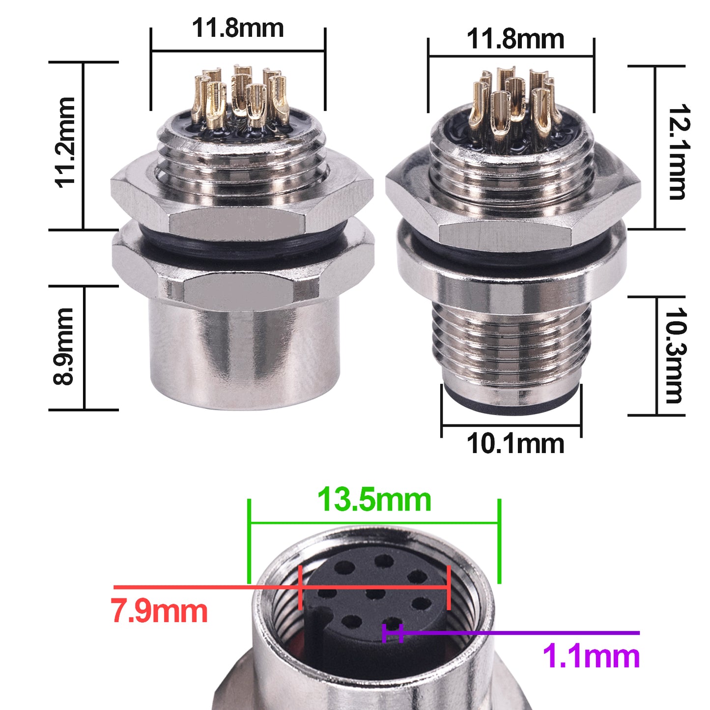 M12 8 pin Aviation Panel Back Mount Male Female,Lonlonty M12 Panel Type Male Female Socket Connector 12mm Circular Industrial Connector IP67 Waterproof Sensor Connector 5Sets