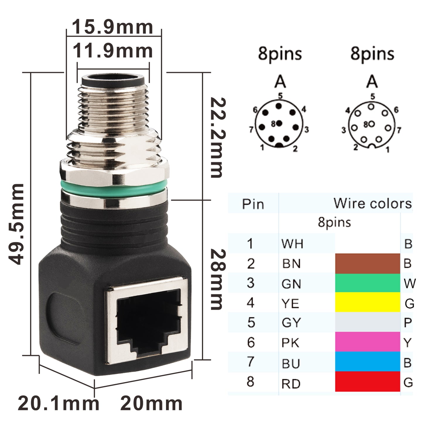 LonlontyRJ45 to M12 8-Pin Connector Male, IP68 Waterproof, Shielded, 100% Connectivity