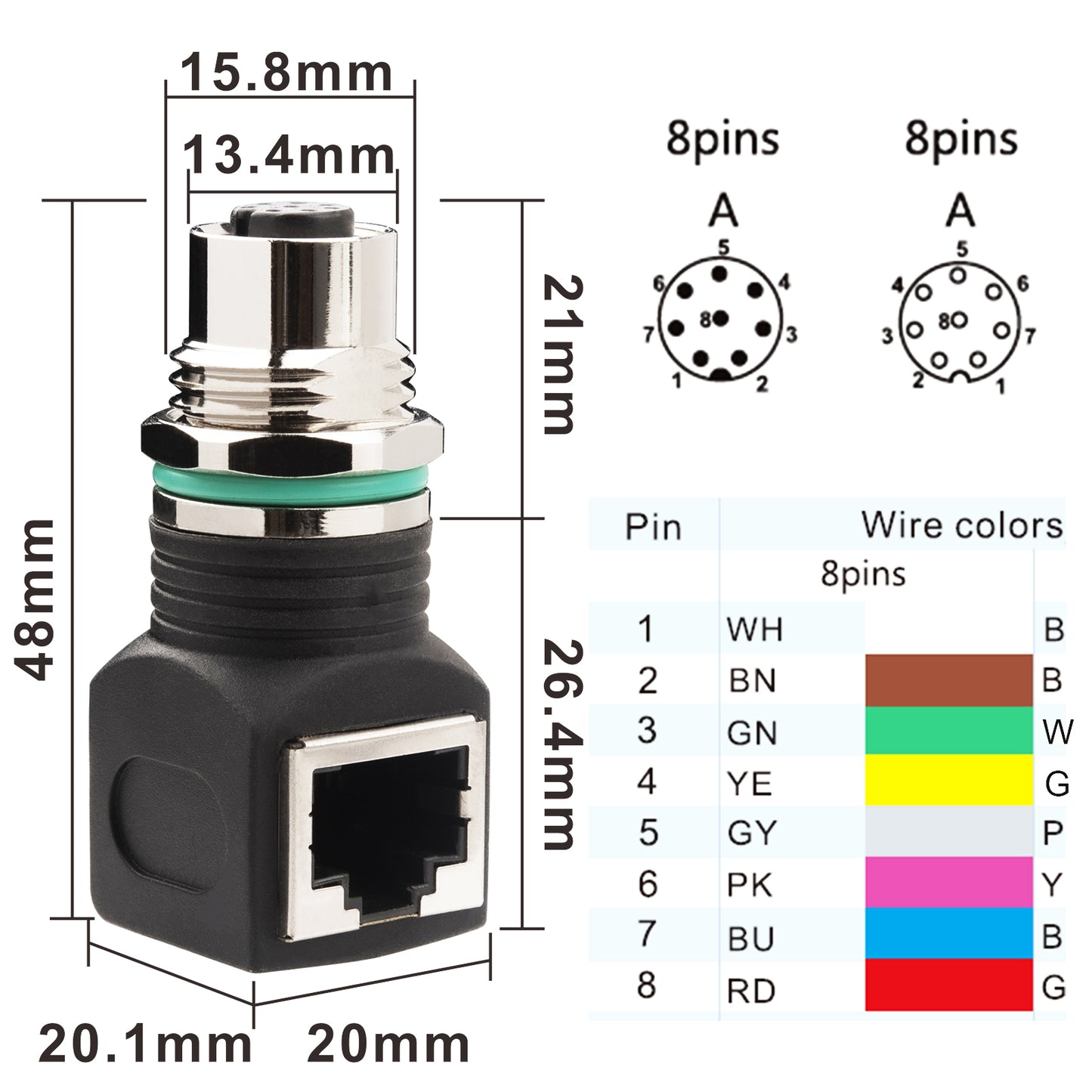 RJ45 to M12 A Coded 8 Pin Adapter Cat5, M12 Female to RJ45 Female Connector A-Code IP68 Shielded Industrial Ethernet Adapter for Basler Cognex Industrial Camera Sensor