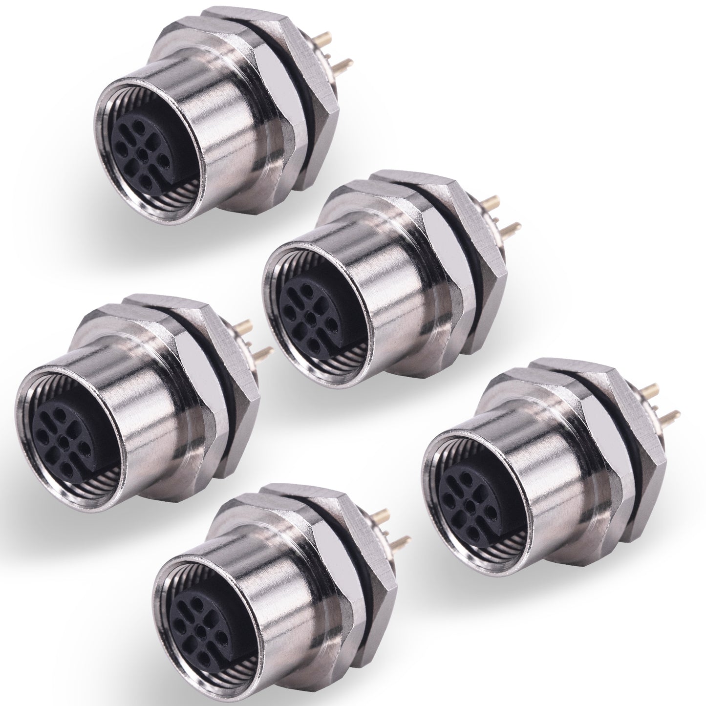 M12 5 Pin Aviation Connector Plugs, Female Socket Solder Cup IP67 Waterproof 12mm M12 Socket Panel Back Mount Threaded Coupling 5PCS