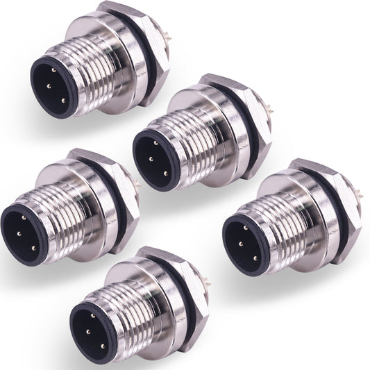 M12 4 Pin Male Aviation Panel Mount Connector,Lonlonty 12mm Waterproof Chassis Panel Back Mount Socket Sensor Connector 5PCS