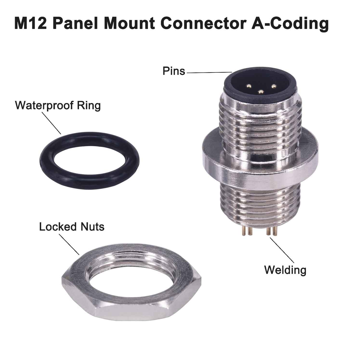 M12 5 Pin Male Aviation Panel Back Mount Socket Sensor Connector Screw Threaded coupling,Lonlonty 12mm Industrial Circular Aviation Connector,Outdoor Waterproof IP67-5PCS