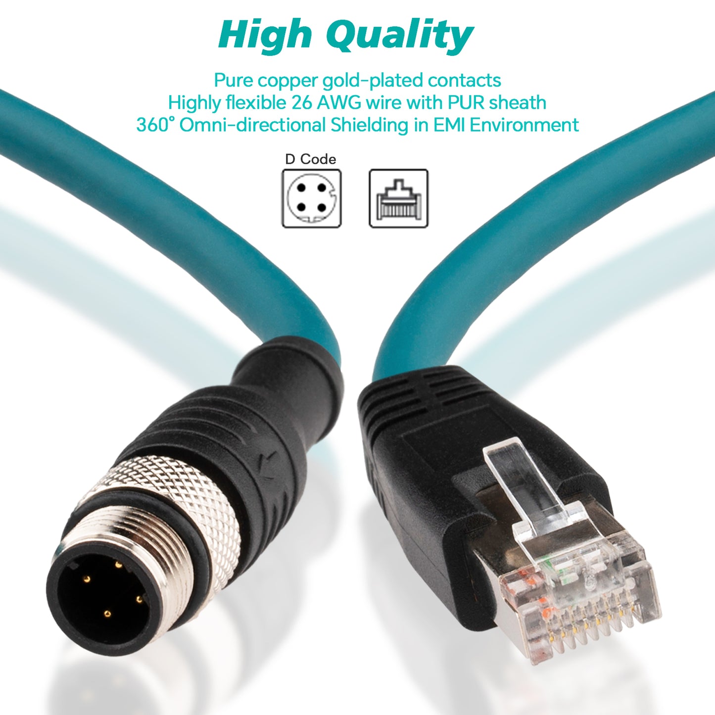 M12 to RJ45 Cat6 Industrial Ethernet Cable,Automation Systems Interconnect M12 4 Pin D Code Male to RJ45 Male Shielded Cable Assembly, 10Gbps Cat6 SFTP 26 AWG 3M/9.8Ft