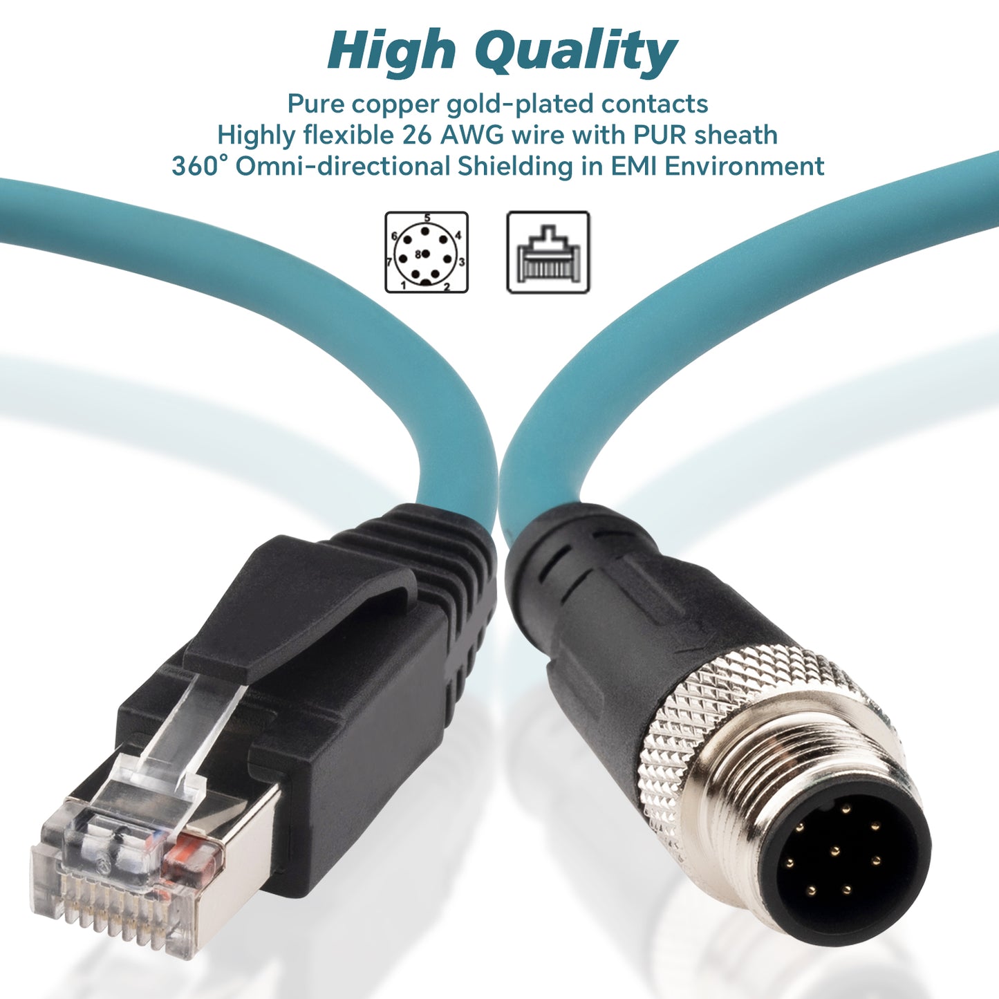 M12 8 Pin to RJ45 Cable Cat5e Industrial Ethernet Shielded Cable M12 A Coded to RJ45 Cord for Cognex and Automation Application SFTP 26AWG 2M