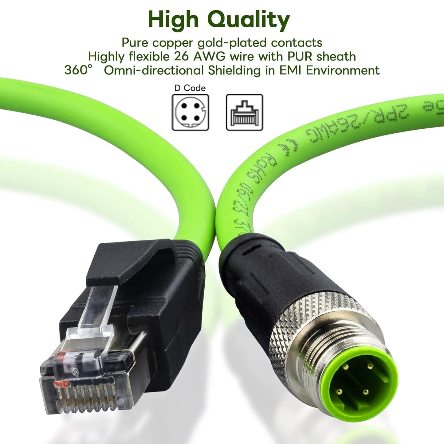 M12 to RJ45 Industrial Ethernet Cable,Automation Systems Interconnect M12 4 Pin D Code Male to RJ45 Male Shielded Cable Assembly, Cat5e SFTP 24 AWG 3M/10Ft