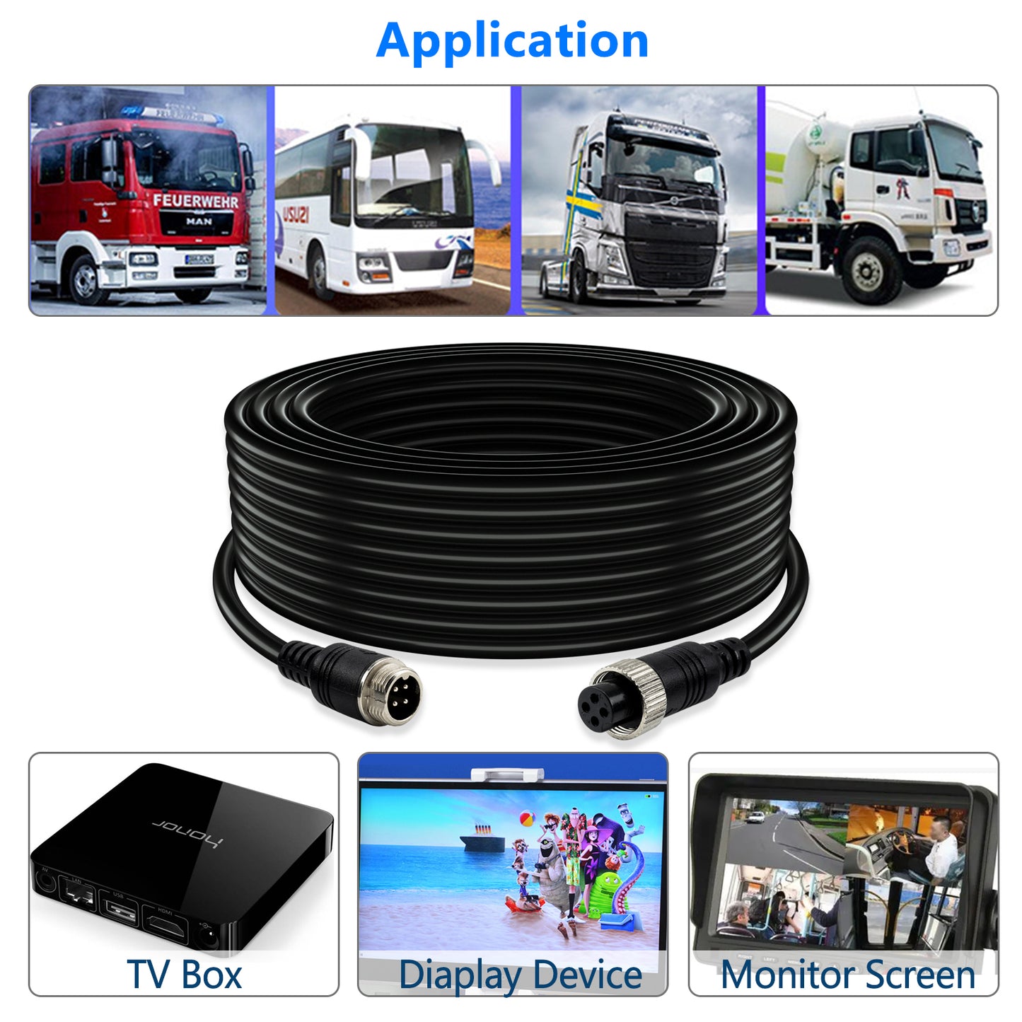 Car Video 4-Pin Aviation Extension Cable for CCTV Rearview Camera Truck Trailer Camper Bus Vehicle Backup Monitor System-65.6Ft/20M