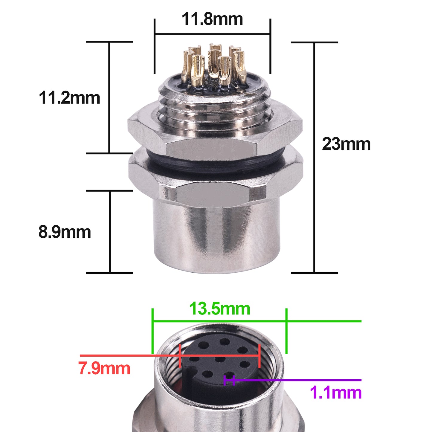 Aviation Panel Mount Connector M12,Lonlonty 8 Pin M12 12mm Connector Aviation Panel Back Mount Flange Socket Sensor Connector IP67 Waterproof 5PCS