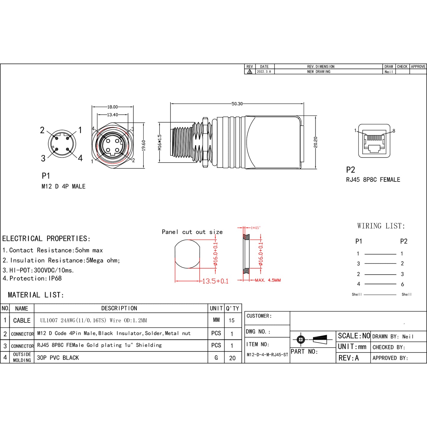 RJ45 to M12 4-Pin Industrial Ethernet Adapter, IP68 Waterproof, Shielded, 10Gb/s Transmission Rate, Compatible with Cat6/Cat5 Networks