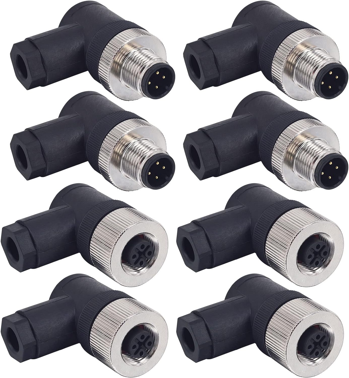 M12 4 Pin Male & Female Right Angle Socket Panel Aviation Wire Connector,12mm Industrial Circular Connector, Outdoor Waterproof IP67,4 Sets