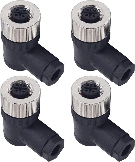 M12 4-Pin Female Circular Aviation Connector Plug 12mm Waterproof Circular Aviation Connector Right Angle Plug Adapter 4 Pack