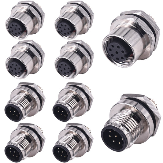 M12 8 pin Aviation Panel Back Mount Male Female,Lonlonty M12 Panel Type Male Female Socket Connector 12mm Circular Industrial Connector IP67 Waterproof Sensor Connector 5Sets