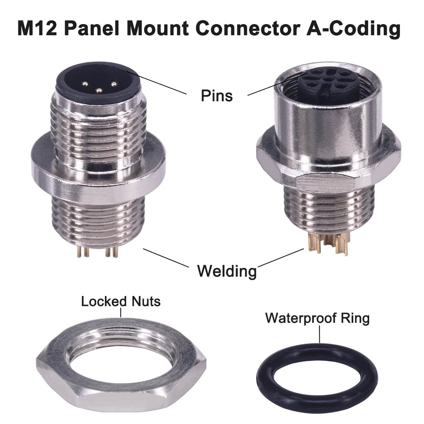 M12 4 Pin Male Fema Aviation Panel Mount Connector,Lonlonty 12mm Waterproof Chassis Panel Back Mount Socket Sensor Connector 5 Sets