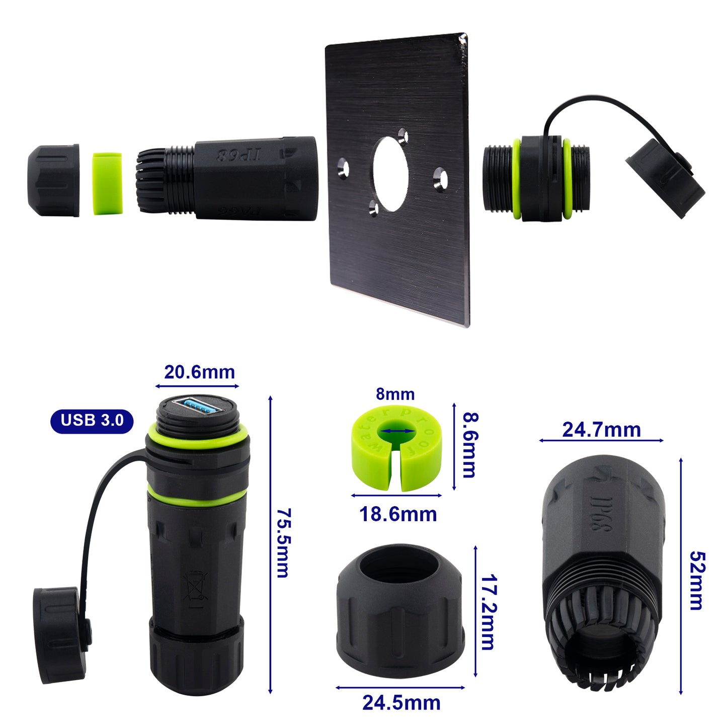 Waterproof Panel USB Connector, M20 IP68 USB 3.0 Panel Mount Connector, Female to Female, with Shield Extension Adapter, 2 PCS Pack