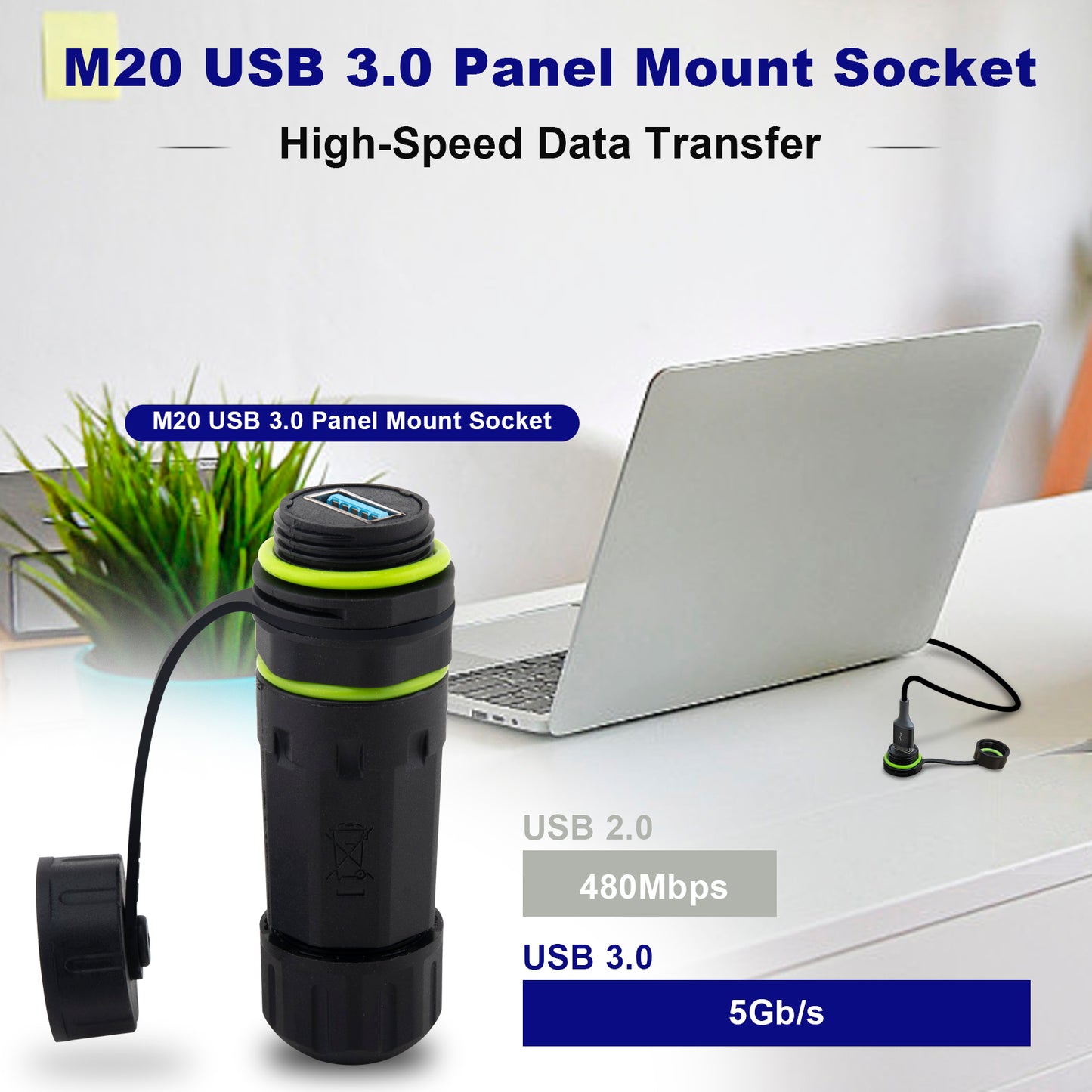 Waterproof Panel USB Connector, M20 IP68 USB 3.0 Panel Mount Connector, Female to Female, with Shield Extension Adapter, 2 PCS Pack